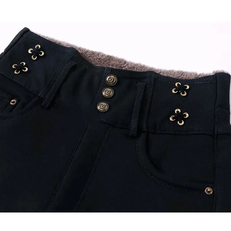 Korean Elastic High Waist Jeans with Arctic Plush Autumn Winter New Solid Button Zipper Fashion Slim Black Straight Pencil Pants