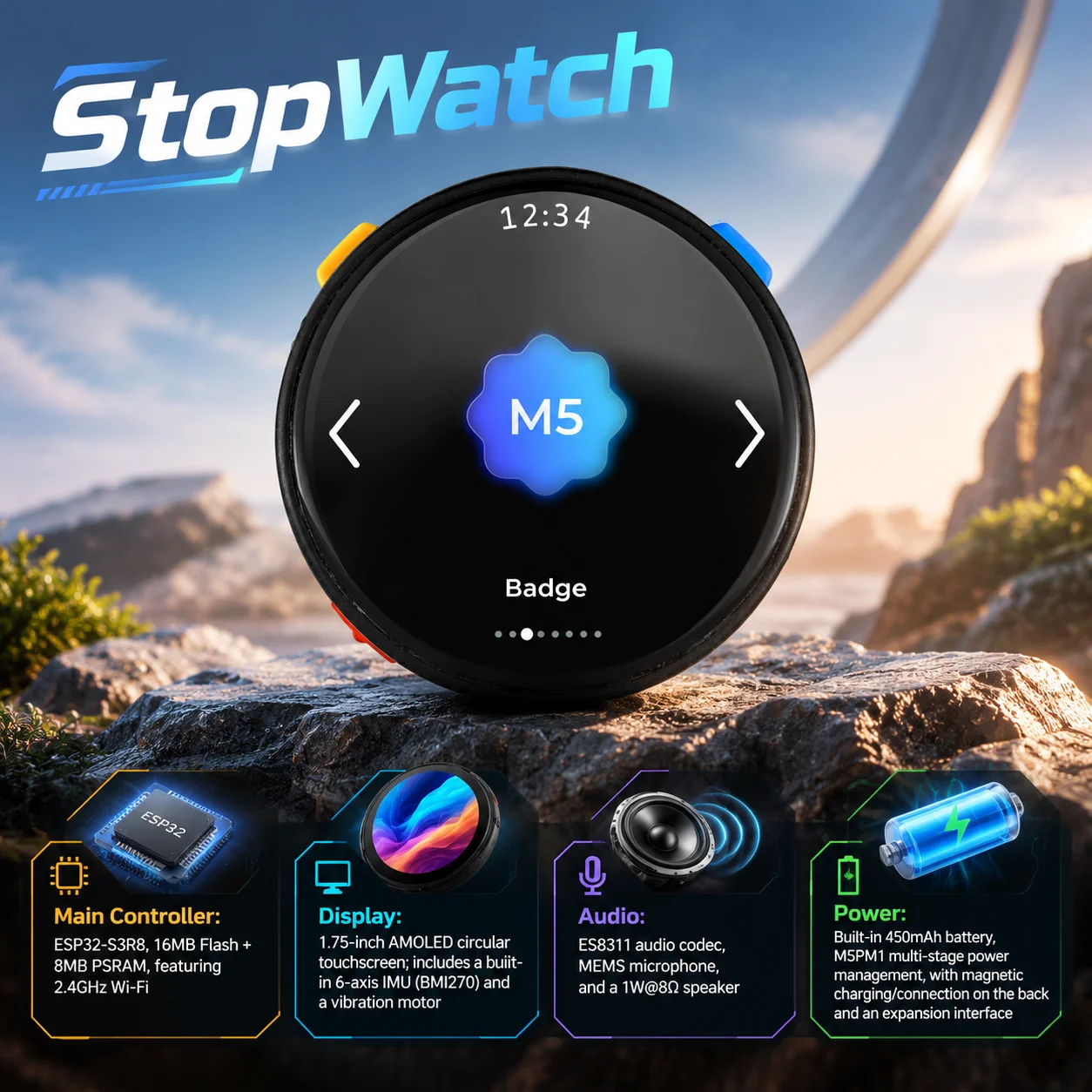 M5Stack StopWatch Portable Interactive AMOLED Round Touch Dev Board ESP32-S3R8 1.75