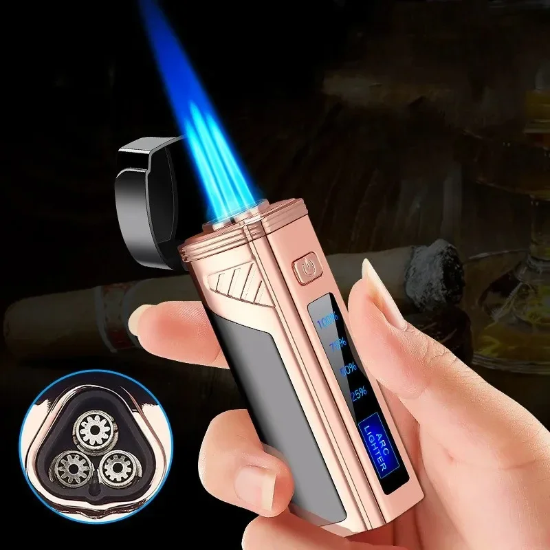 Touch Induction USB Three Straight Flush Windproof Gas-Electric Lighter Multifunction With Cigar Cutter LED Display Power Gadget