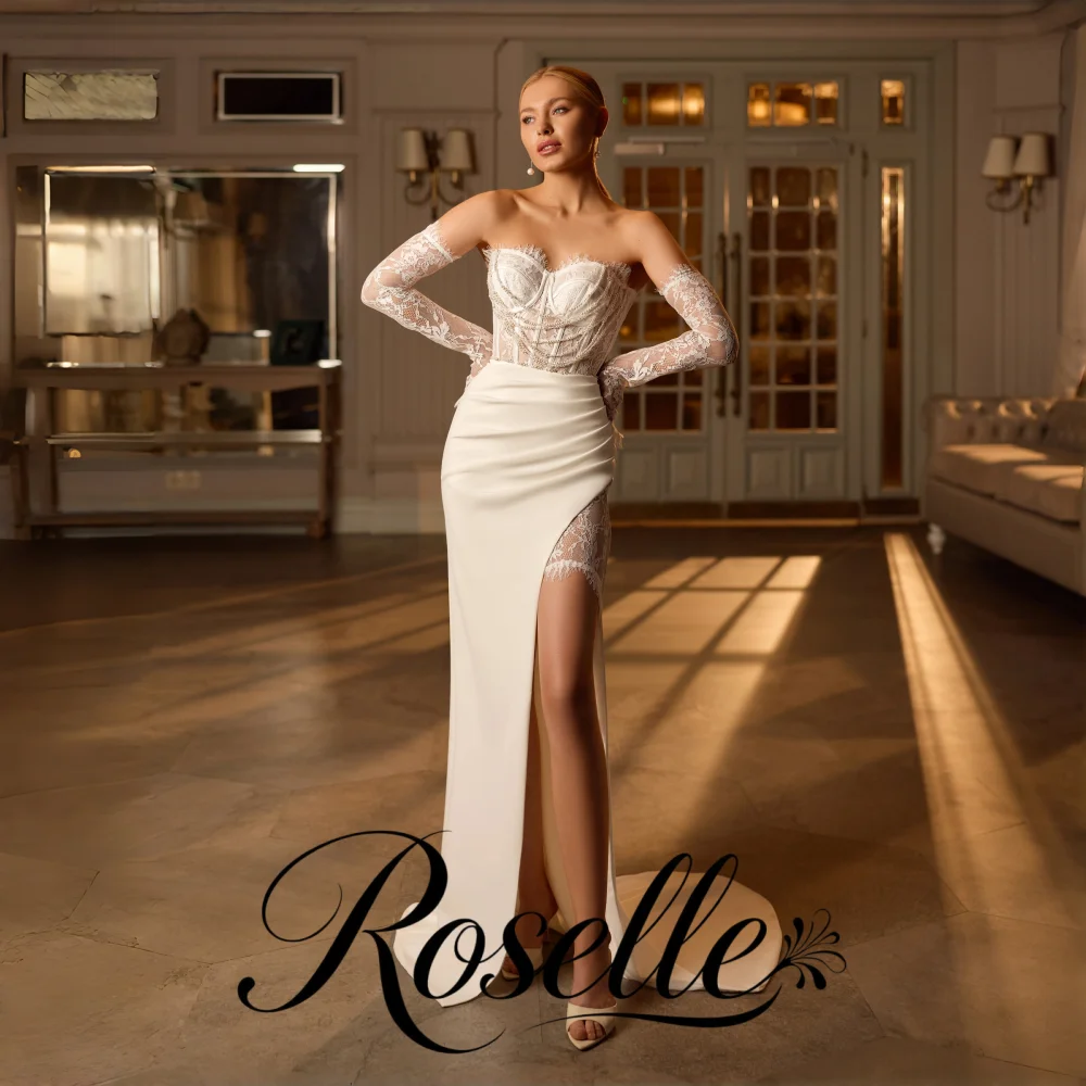 ROSELLE Exquisite Strapless Sleeveless Mermaid Wedding Dress High Side Slit Lace Pearl Chains 2026 Customized Vestido De Novia