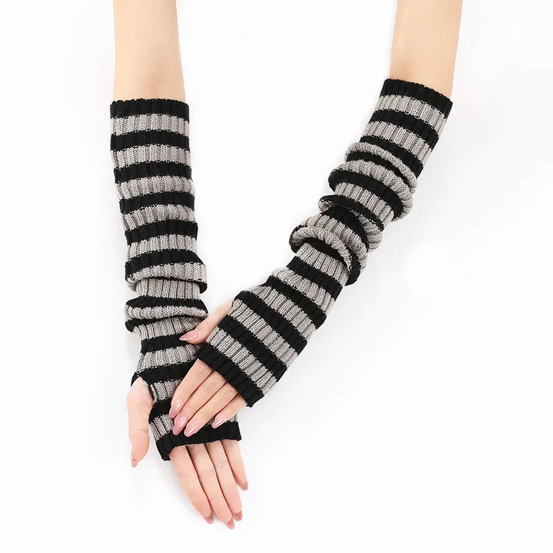 

Women Knitted Wool Long Glove JK Punk Winter Warm Dew Half Finger Stacked Sleeve Sets Stripes Leak Finger Nonslip Mittens