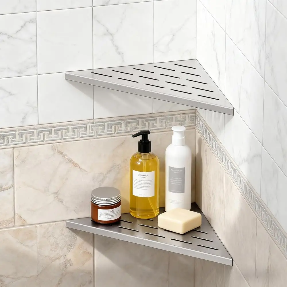 

2-Piece Brushed Nickel Corner Shower Shelf, 10 Stainless Steel Recessed Organizer for Tiled Bathroom Walls, No Drilling Required