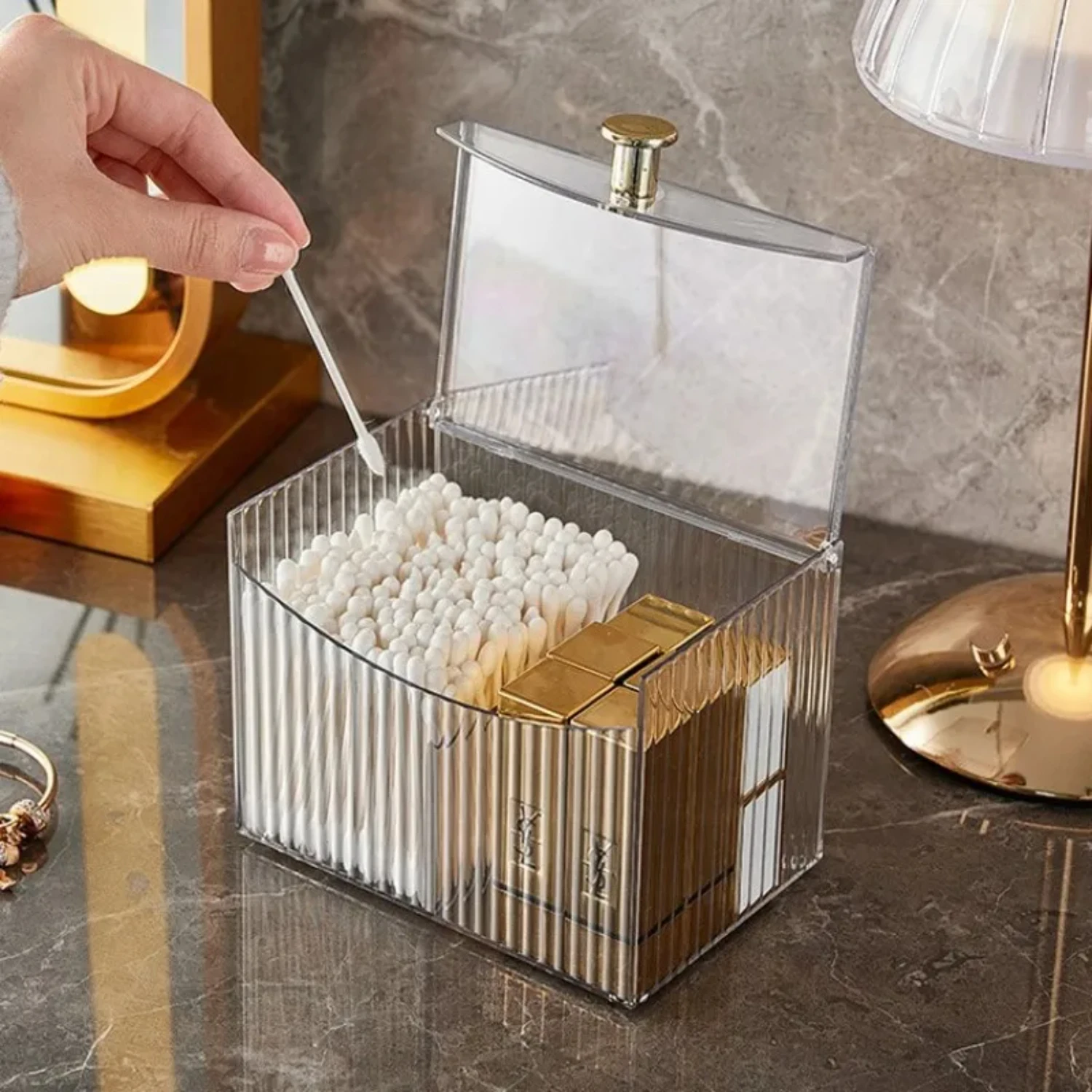 Q Tips Holder Cotton Pads Holder Cotton Balls Swab Holder Container with Lid 2 Grid Makeup Pad Box Cosmetic