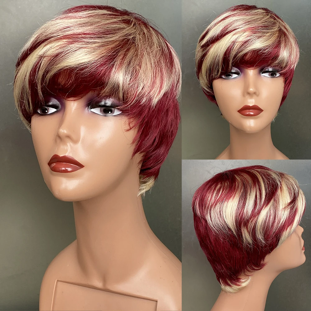 

Short Pixie Cut Wigs Highlight With Bangs 100% Human Hair Wig Full Machine Made for Women