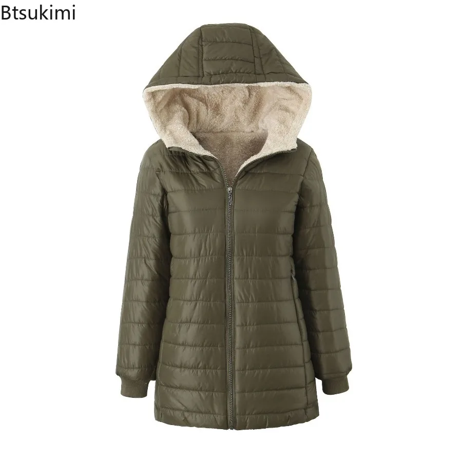 2025 New Autumn and Winter Korean Style Mid-length Hooded Cotton Coat for Women Lambswool Warm Cotton Coat and Velvet Jacket Top