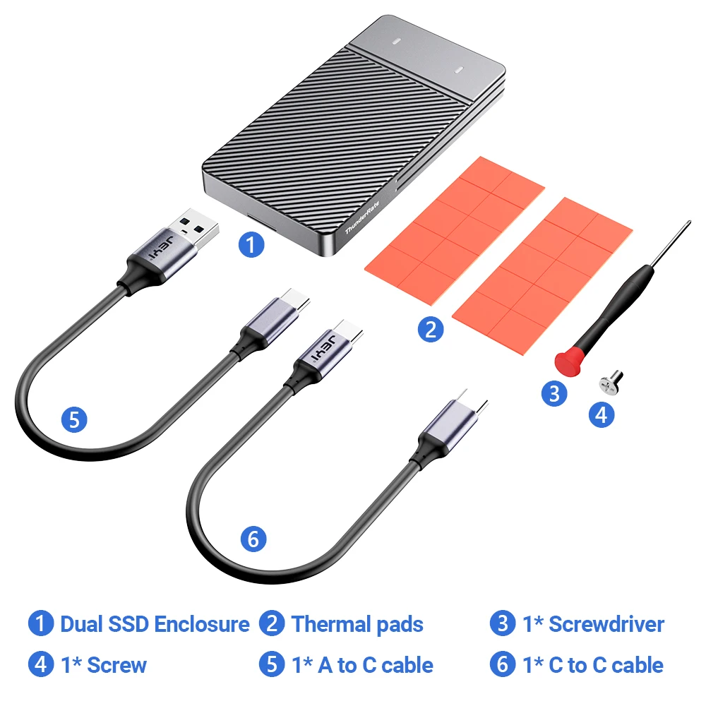 JEYI Dual Bay M.2 NVMe SATA SSD Enclosure, USB 3.2 Gen 2 10Gbps Aluminum Case for M.2 PCIe 2280/60/42/30 SSD. Support UASP Trim