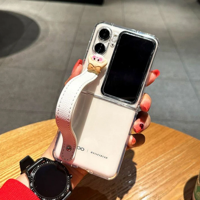 

Cute 3d Bow Girl flip Phone Case for OPPO Find N2 Flip cases with wristband transparent soft wrist strap cover