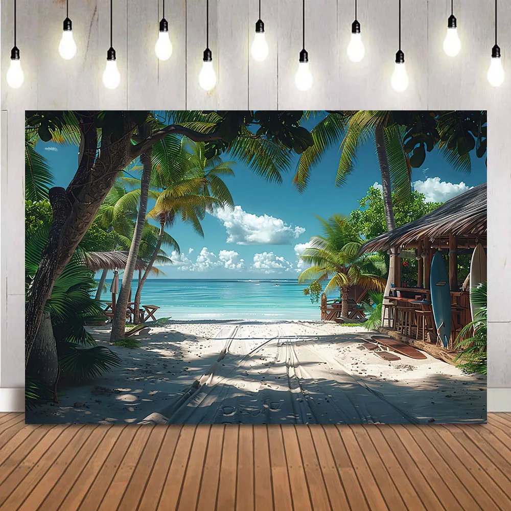 Telón de fondo con temática de playa, cartel de decoración de fiesta de cumpleaños, Océano, cielo azul, playa, palmeras tropicales, Luau
