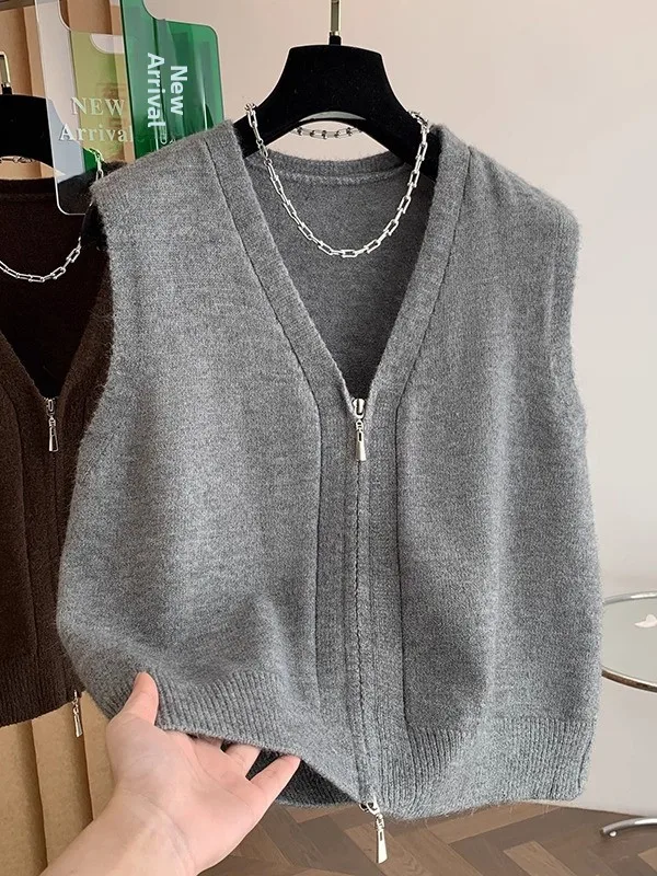 Minimalist Knitted Vest Outerwear Women's Autumn Winter Loose Casual Slimming Versatile Shoulder Bared Sweater Cardigan