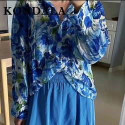 KONDALA Chic 2025 Women Spring Flower Print Shirts Single Breasted Turn-down Collar Blouse Button Loose Fashion Holiday Shirts