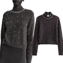 Dave&Di French Fashion Minimalist Gray Knitwear With Elegant Decoration Pullover Pearl Sweater For Women In Autumn Winter