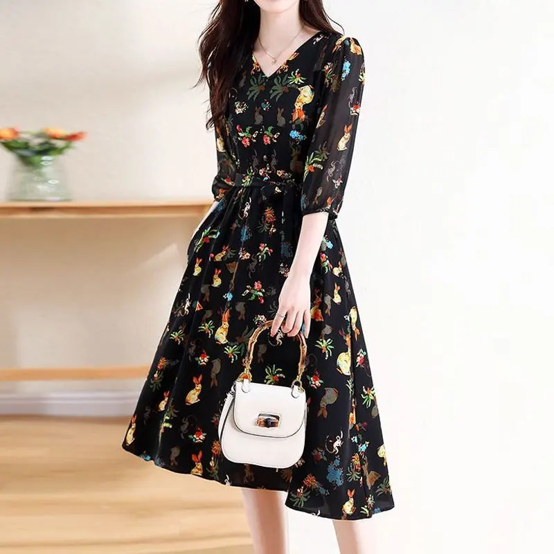 Women\'s Clothing Casual Printed Midi Dress Vintage A-Line Spring Summer New 3/4 Sleeve Fashion V-Neck Elegant Drawstring Dresses