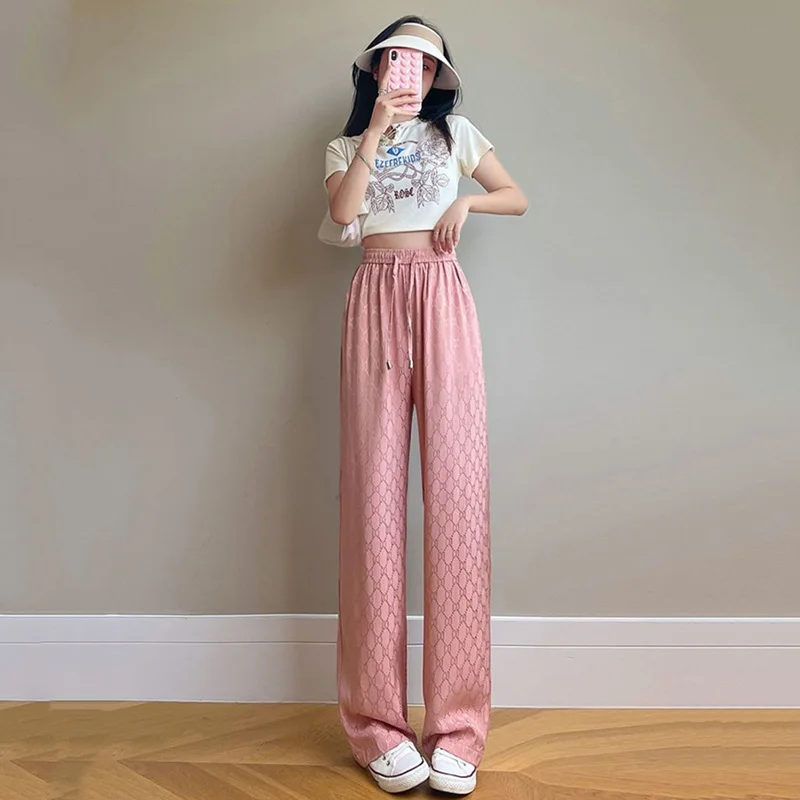 Ice Silk Wide Leg Pants Women's Summer Thin Jacquard Pants 2023 New Popular High Waist Drop Design Feel Casual Pants