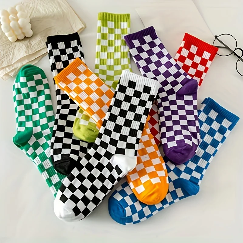 5 Pairs of Colors  Mid-Calf Socks Fashion Trendy Checkered Suitable for Daily Wear All-Match Style Four Seasons Socks