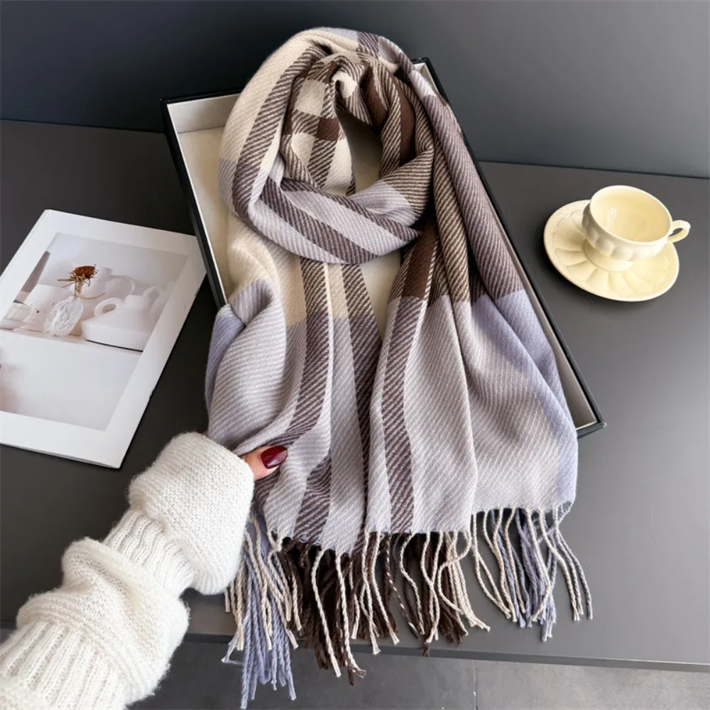 England Style Tassel Checkered Scarf Imitation Wool Texture Long Length Warm Scarf Autumn Winter Scarf Women