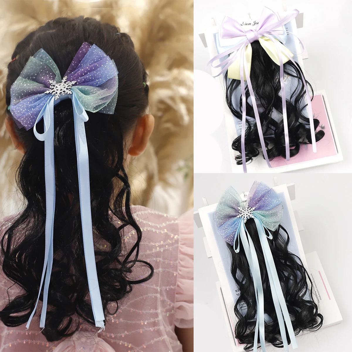 Synthetic Kids Princess Curly Ponytail Hair Clip Gradient Glitter Bow Snowflake Hair Extensions Girls Cosplay Hair Accessories