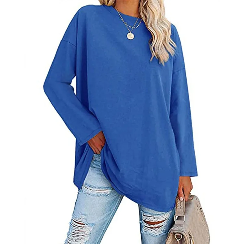 

Spring Autumn Lady New Long Drop Sleeves T-shirts Loose Solid Color O-neck Casual Pullovers Fashion Commute Daily Party Blouses