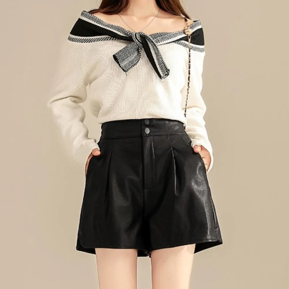 

Fashion PU High Waist Leather Shorts Black Loose Hot Woman Short Pants Streetwear Baggy Elastic Waist Shorts Office