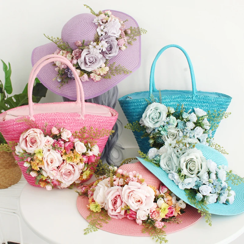 Hand-made Women Fashion Flower Straw Beach Bag Hand-woven Holiday Large Capacity Travel Handbag Tote Photograph Hat Bag Suit