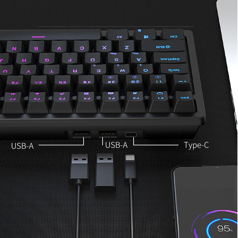 Imagem -03 - Royal Kludge-teclado Mecânico sem Fio Rgb Retroiluminado Hot Swappable Gaming Teclados Tri-modo 2.4g Bluetooth Usb 100 Chaves Rk98