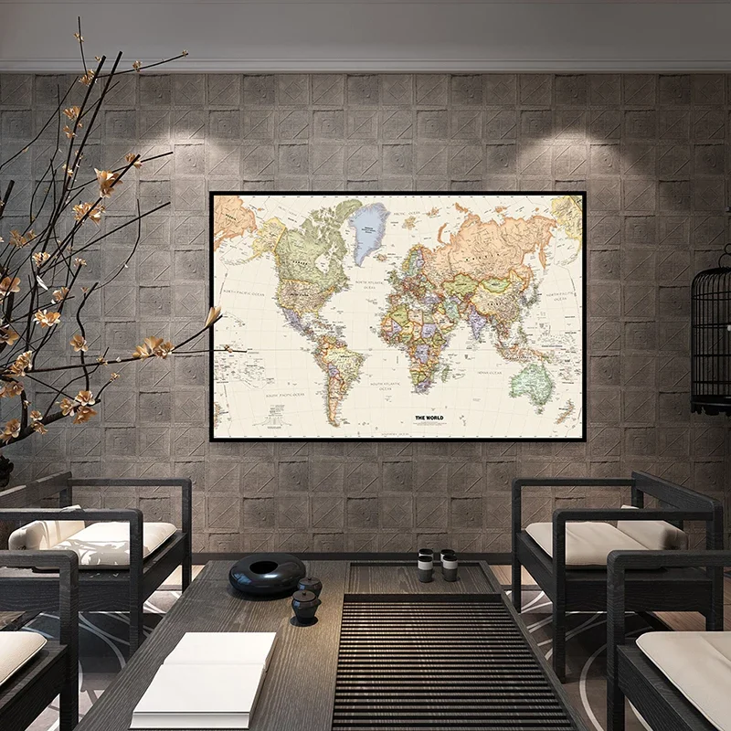 O mapa mundi retrô 60*40cm com detalhes, pintura em tela, arte de parede, pôster decorativo, imagem suspensa, material escolar, decoração de casa