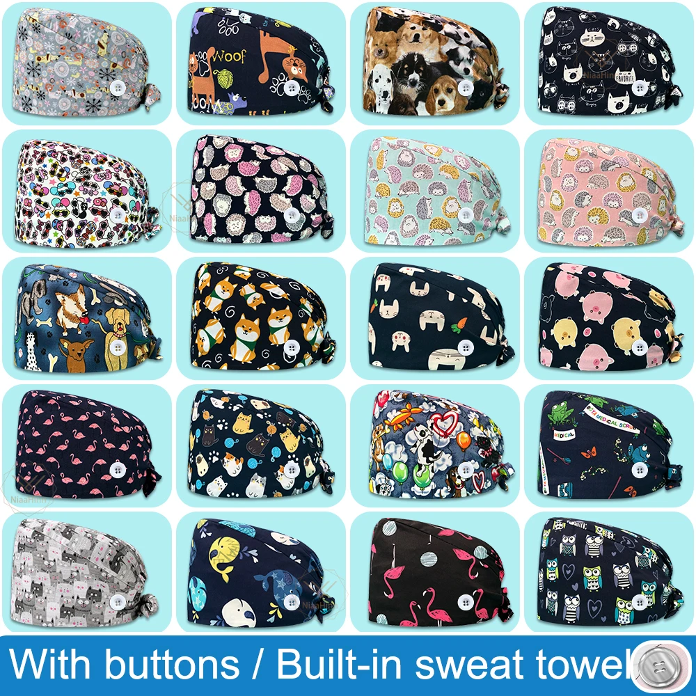 Gorro quirúrgico con estampado de dibujos animados para mujer y hombre, gorro de trabajo para Hospital, 100% algodón, bonito, para salón de belleza, enfermería