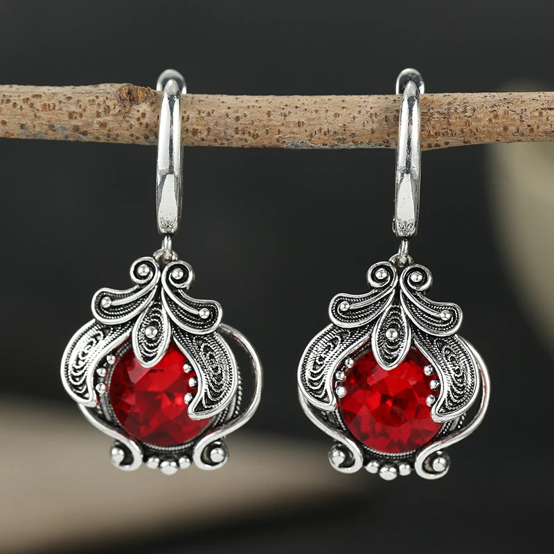 Vintage Inlaid Red CZ Spiral Dangle Women's Earrings Trendy Silvery Color Hand Carving Daily Wear Party Jewelry Anniversary Gift