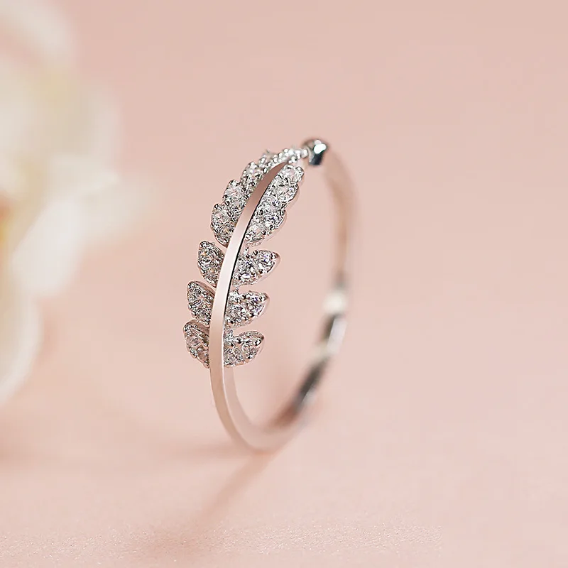 925 Sterling Silver Diamond Leaf Opening Ring, Women's Fashion Ring, Personalized Light Luxury Index Finger Ring, Birthday Gift