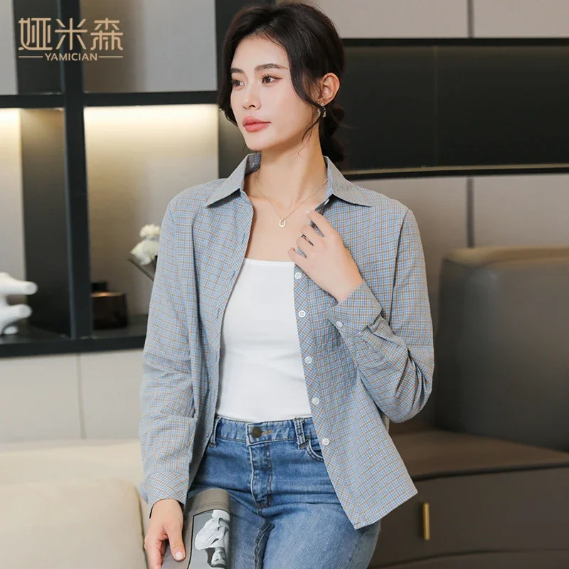 

Women's Plaid Shirt Long Sleeve Slim Fit Casual Blouse Spring Autumn Pink Elegant Versatile Top