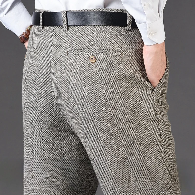 Autumn Winter Suit Pants Thicken Mens British Pants Straight Flat Loose High Waist Twill Dress Men Wool Trousers Size 40 42 44