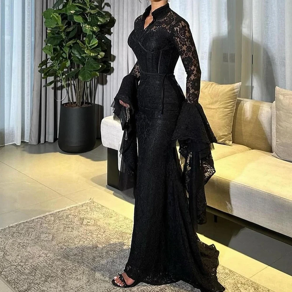 

Customized Temperament Lace Off the Shoulder Evening Dress Delicate V-Neck Straight Long Sleeves Floor Length Homecoming Gowns