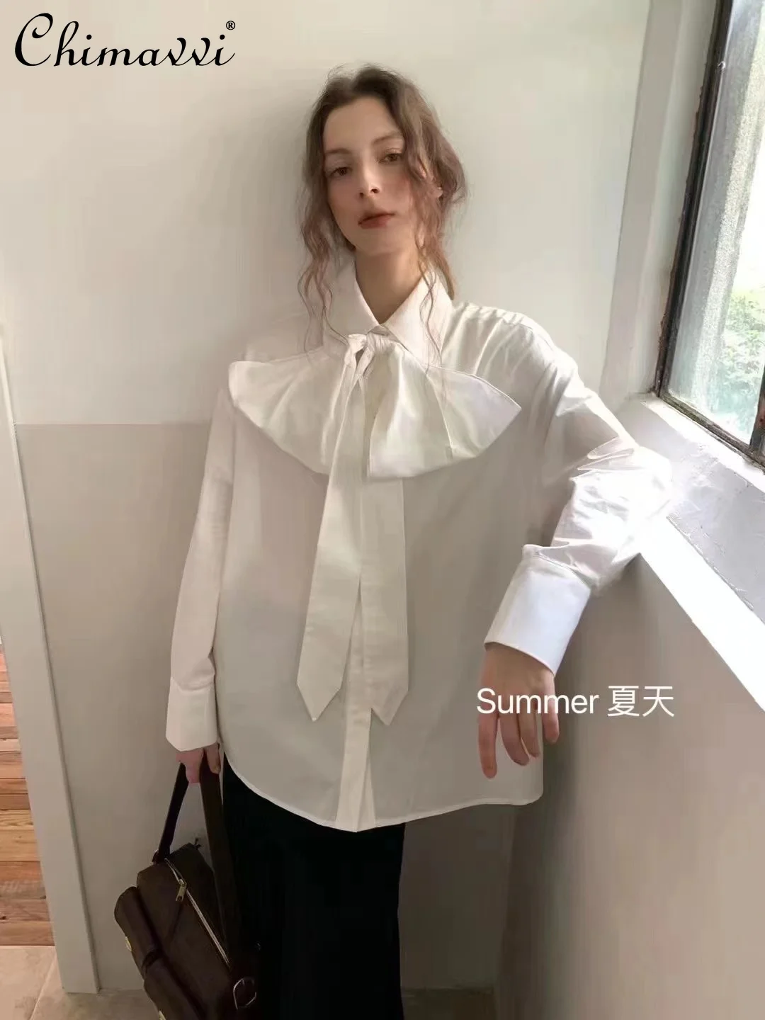 

2024 Autumn New Korean French Solid Color Slim Fit Loose Girl Sweet Shirt Female Fashion Bow Blouse Women Camisas De Mujer