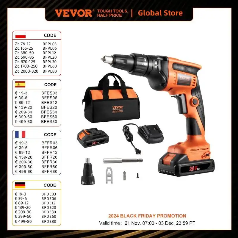 VEVOR Drywall Screw Gun 20V Max Drywall Screwgun 4200RPM Brushless Cordless Drywall Gun Kit w/2 Battery Packs Built-in LED Light