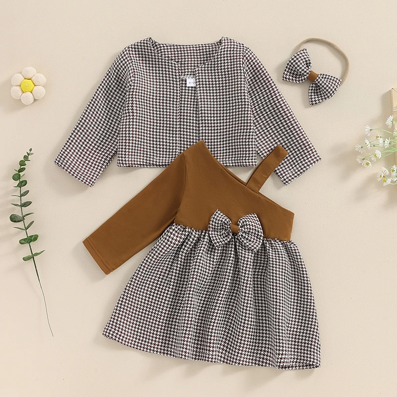 FashionToddler Girl Fall Outfit Houndstooth Long Sleeve Cardigan with One Shoulder Long Sleeve Bow Dress Headband Clothes