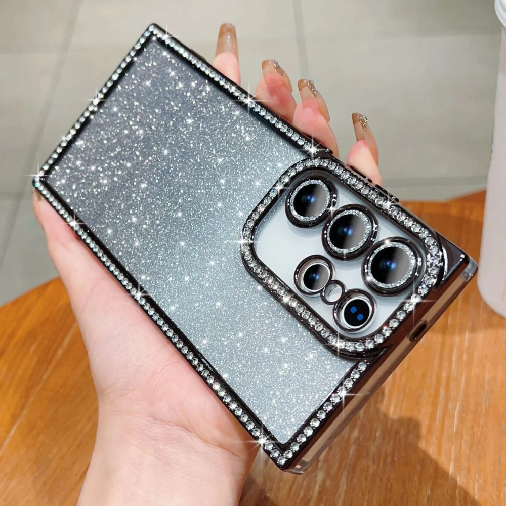 Capa Estilosa com Brilho e Diamantes para Samsung Galaxy S25 S24 Ultra Plus, Capa Transparente com Lantejoulas e Bumper de Strass