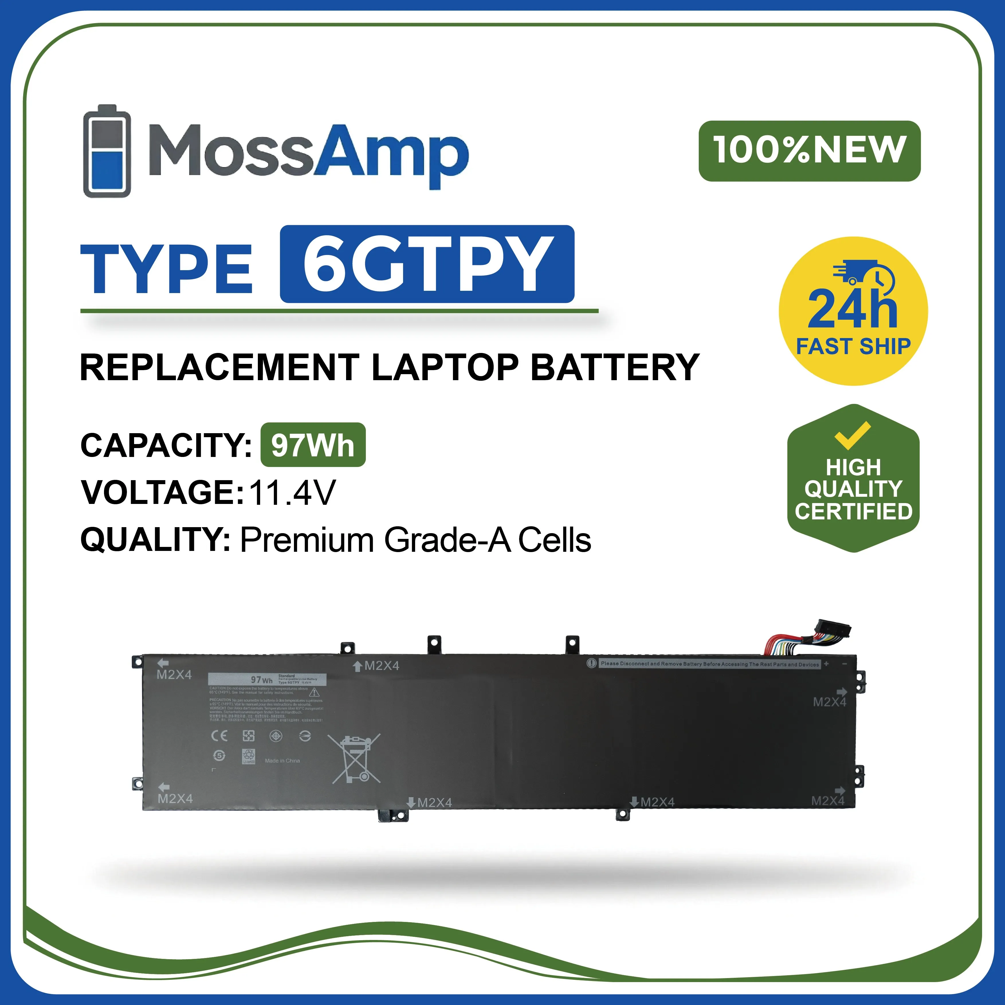 MossAmp 6GTPY 5XJ28 Laptop Battery for Dell XPS 15 9560 9570 Precision 5520 5530 11.4V 97Wh