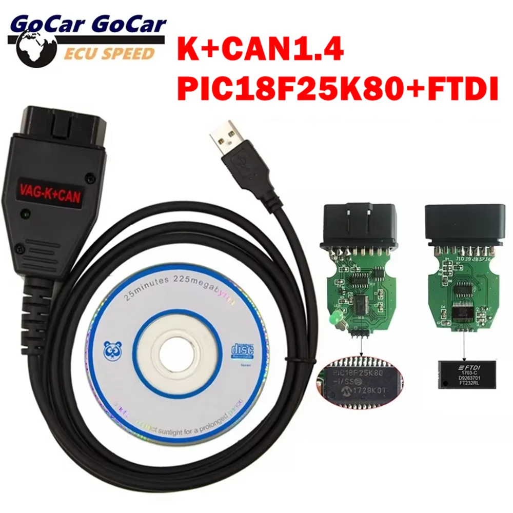 

For VAG K+CAN Commander 1.4 Green PCB PIC18F25K80 FTDI FT232RL Chip For AUDI/VW/Skoda/Seat For VAG K+CAN 1.4 K-Line Commander
