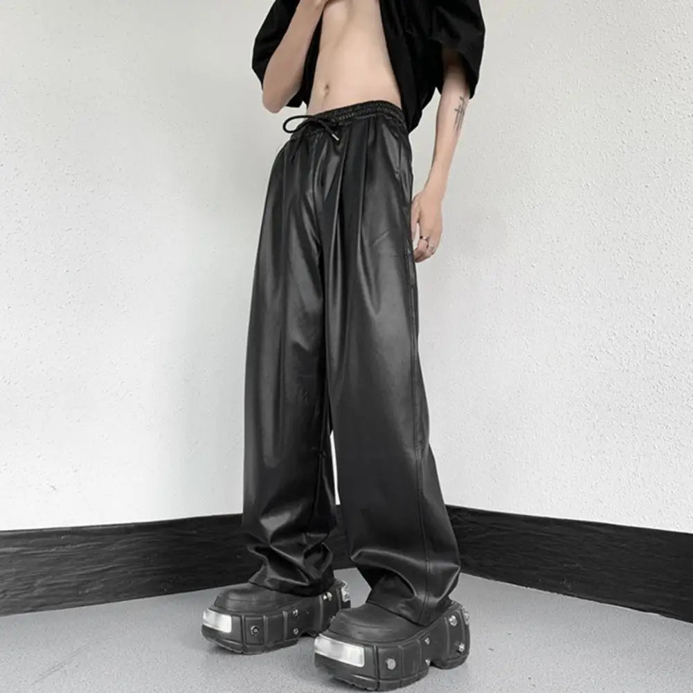 Men Faux Leather Pants Women Faux Leather Trousers Men's Faux Leather Drawstring Pants with Wide Leg Elastic Waist for Hip Hop