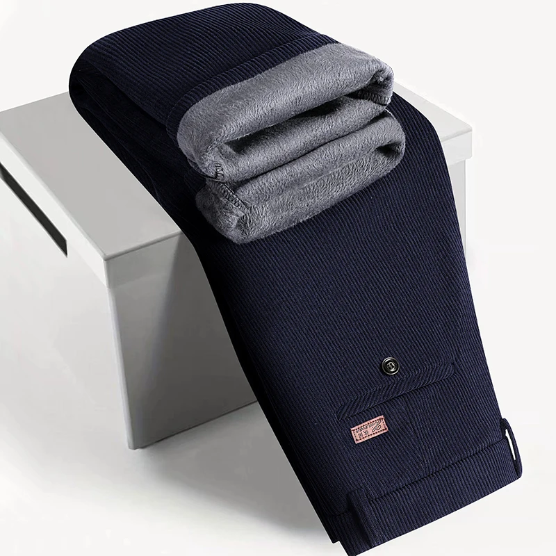 Mens Corduroy Fleece Pants Winter Fall Business Casual Suit Pants Thick Warm Classic Fit Trousers