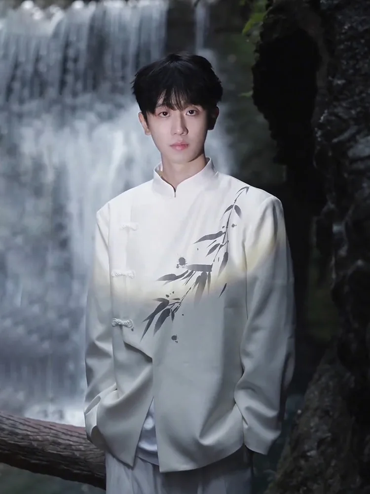 

New Chinese Style White Shoulder Padded Suit Jacket for Men Wedding Engagement High Collar Traditional Design Casual Wear