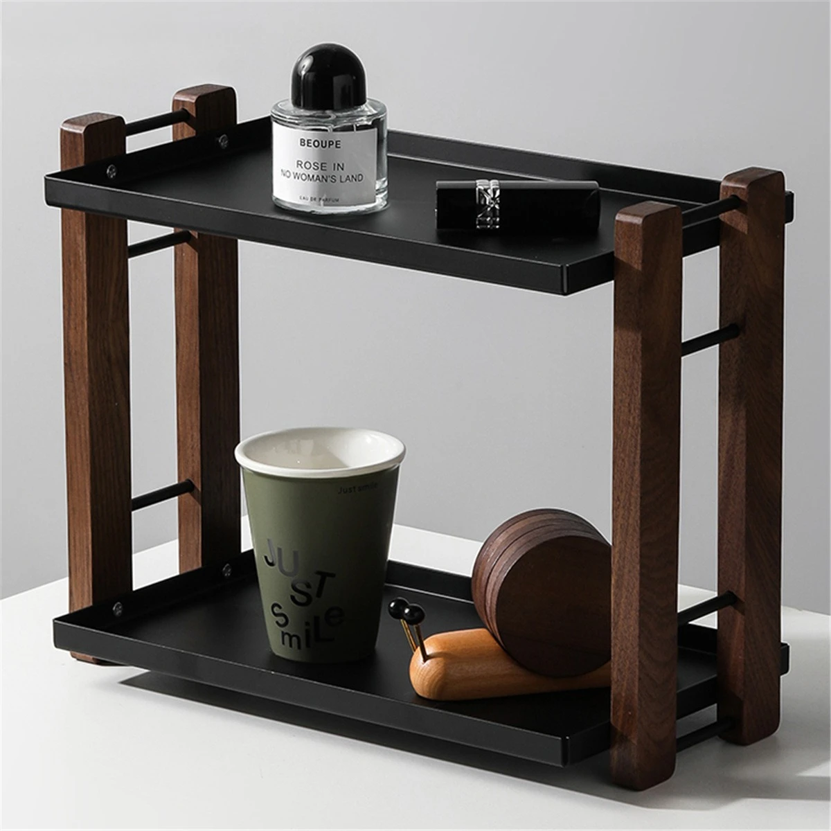 

Walnut Bathroom Shelf - Vanity Organizer for Skincare/Makeup, Countertop Storage Rack for Sink Area, Wooden Cosmetic Display