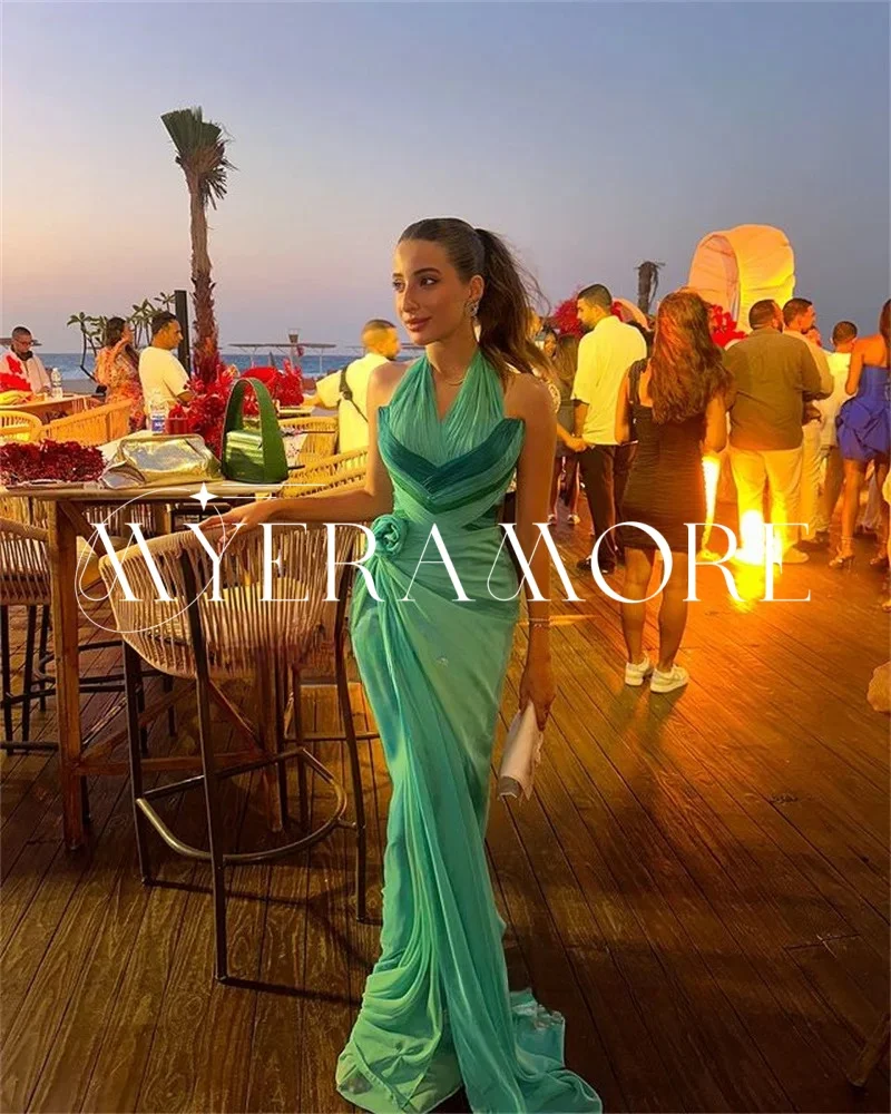 Robes de soirée modernes en mousseline de soie licou pour femmes sirène plis fleur balayage train robes de bal personnalisé فساتmavera