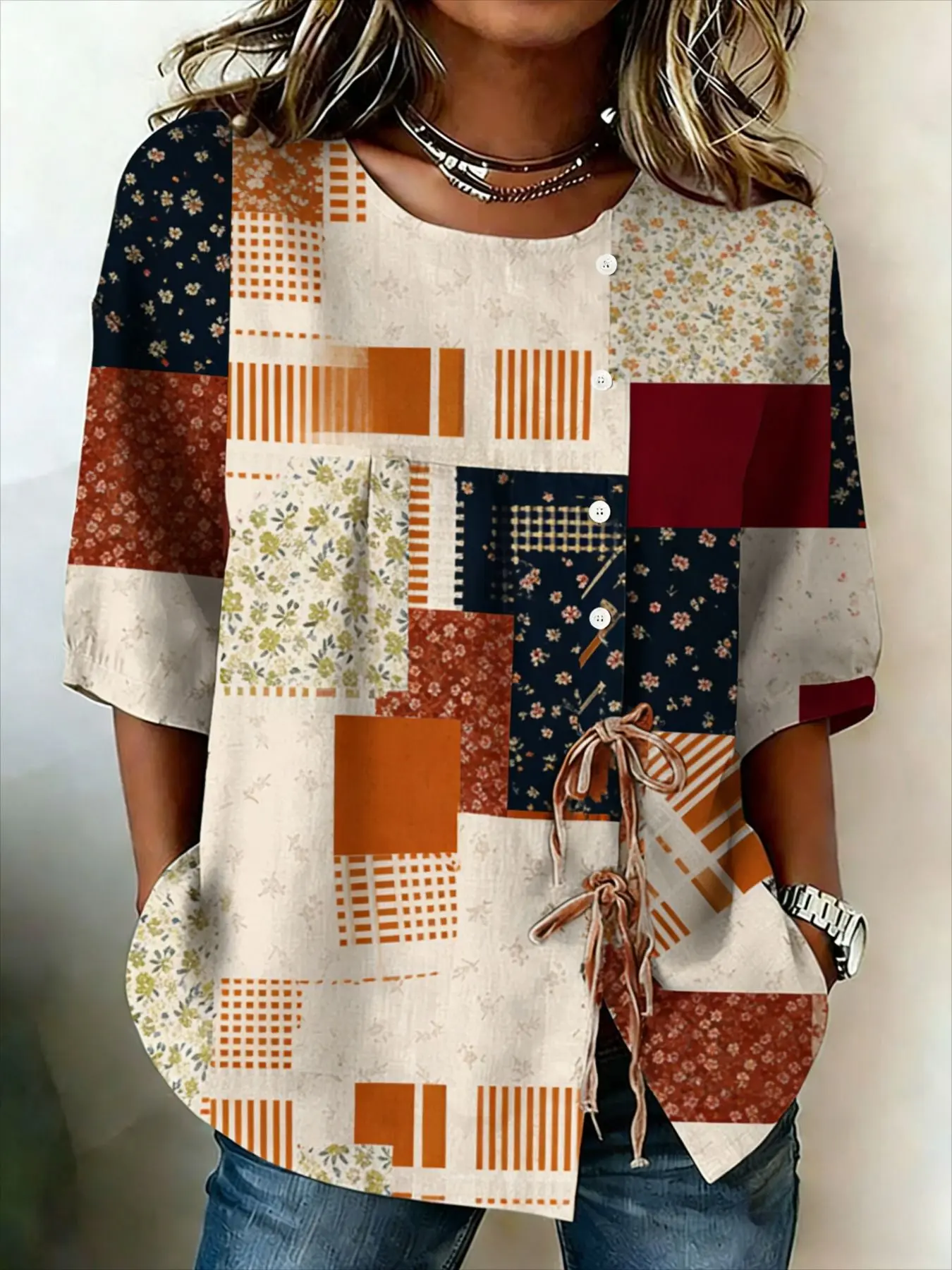 Women's Spring Summer 3D Printed Button Front Drawstring Vintage Patchwork Blouse, Orange Blue Tiny Floral Plaid Square Top