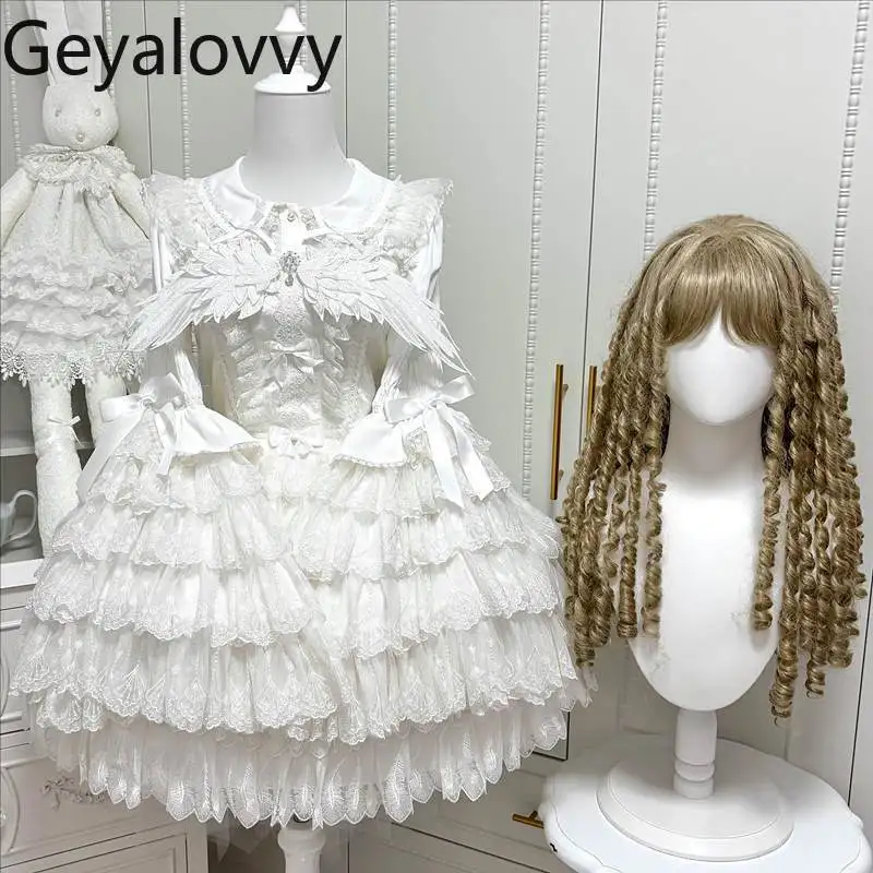 

Рубашка в стиле Лолита с кружевом, расклешенные длинные рукава, японский стиль, новинка 2026, милый кукольный воротник, на шнуровке, универсальный, стройнящий топ