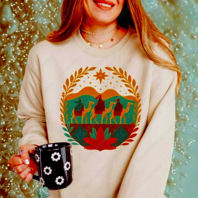 ثلاثة الحكيمة الرجال المطبوعة الرجعية للجنسين البلوز Reyes Magos الاتجاه الإبداعي البلوز المكسيكي اللاتينية المهد الفن الشعبي هدية عيد