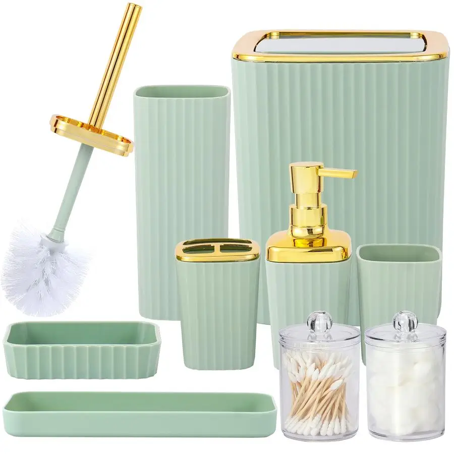 

Bathroom Accessory Set,9 Pieces Light Green Bathroom Accessories Set with Trash Can, Toothbrush Holder, Soap Dispenser, Toothbru