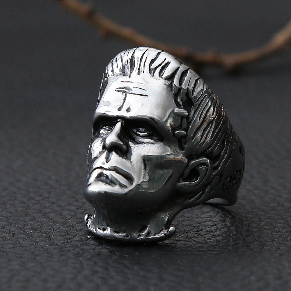 Science Fiction Goth Frankenstein Steel Rings For Men Punk Horror Scientist Biker Stainless Steel Skull Men Ring Fashion Jewelry