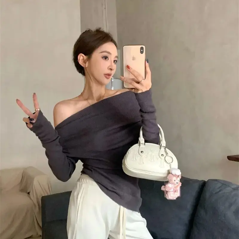 Korean style fall sexy tops slim fit one-shoulder off-shoulder knitted top purple gray one size black knit tops