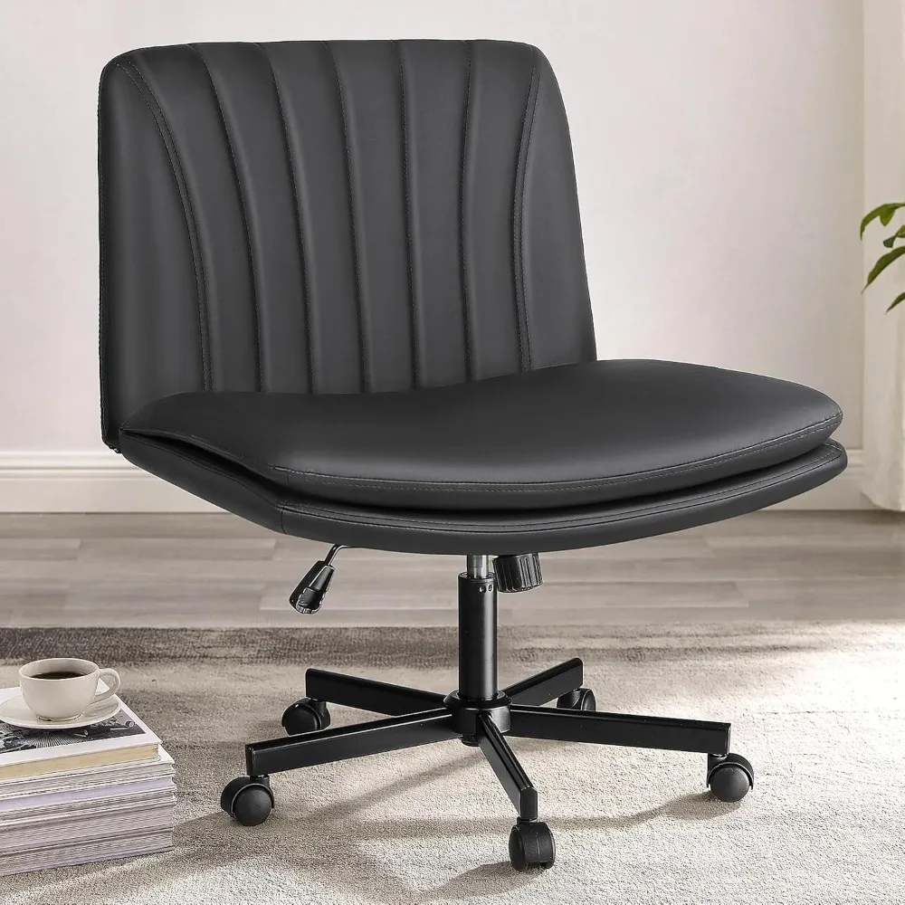 

Criss Cross Legged Chair with Wheels,Comfy Armless Office Desk Chair,PU Leather Swivel Modern Makeup Vanity Chair