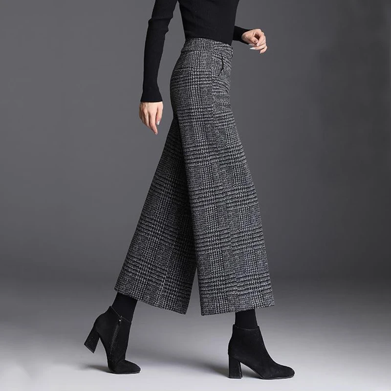 Autumn Winter Women's Woolen Pants New Plaid Pocket Korean Fashion Thicken High Waist Straight Wide Leg Ankle Length Trousers